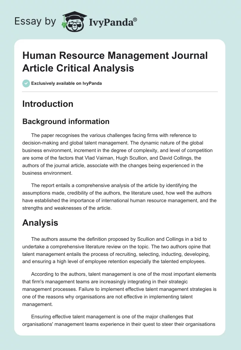 Human Resource Management Journal Article Critical Analysis. Page 1