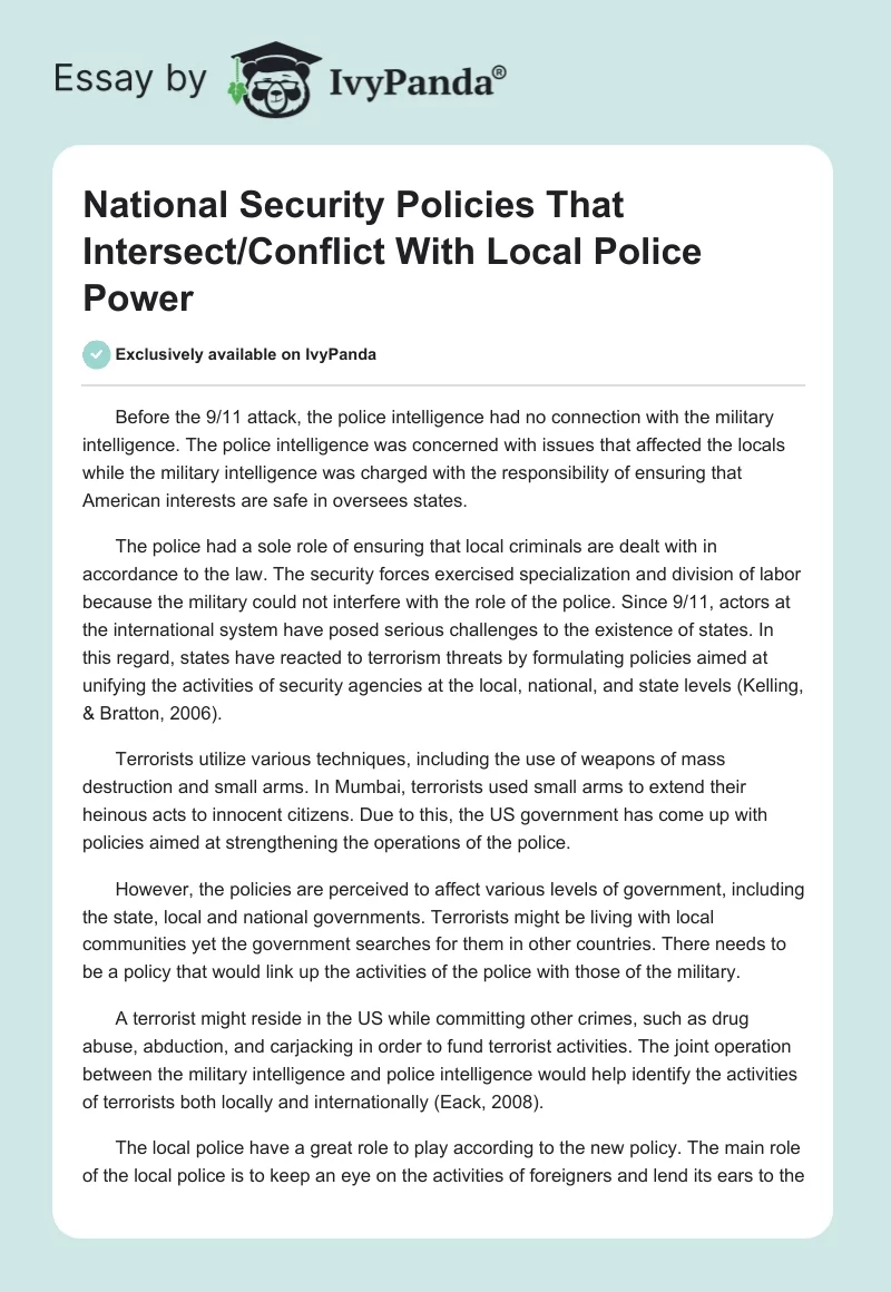 National Security Policies That Intersect/Conflict With Local Police Power. Page 1