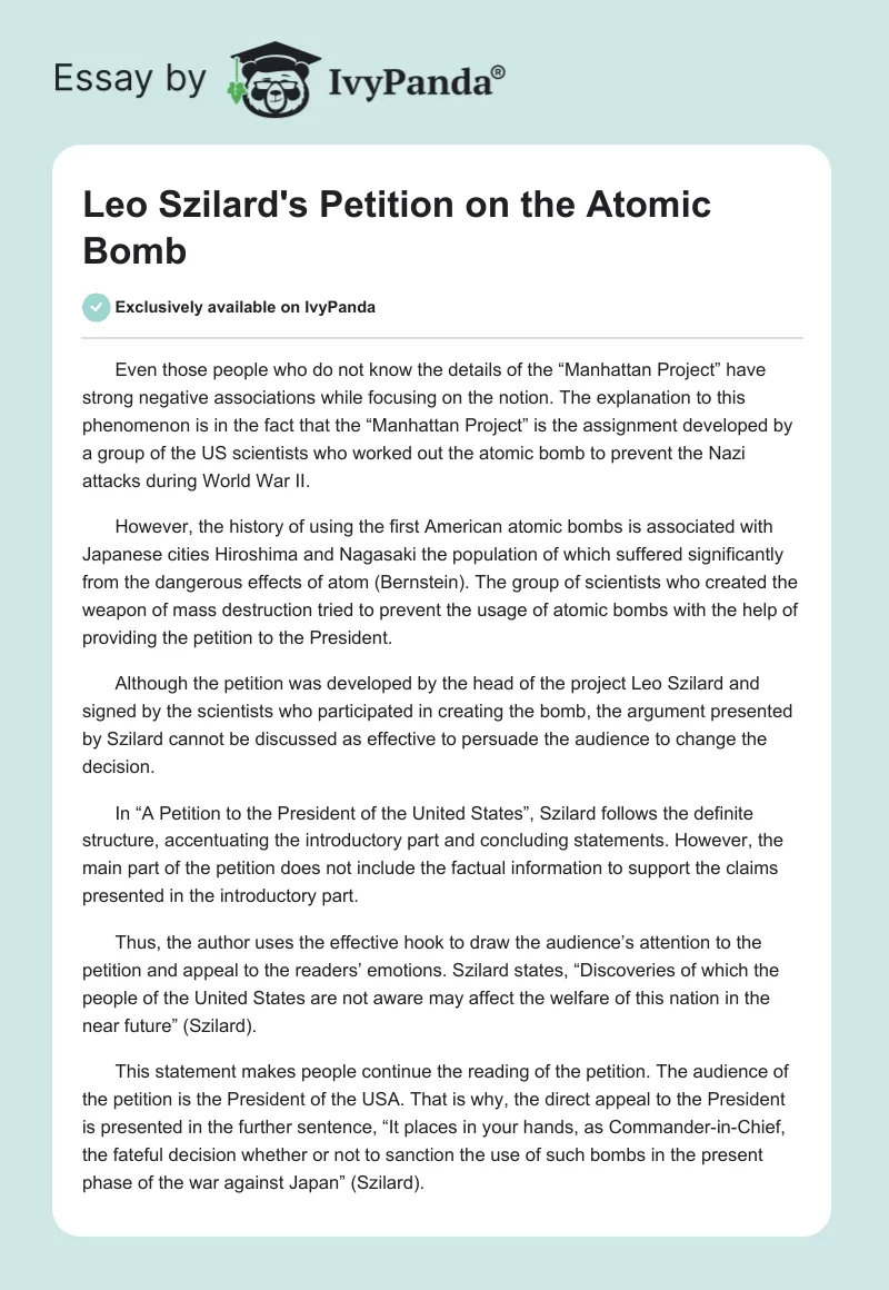 Leo Szilard's Petition on the Atomic Bomb. Page 1