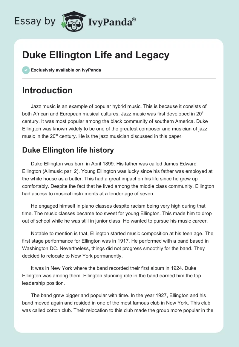 Duke Ellington Life and Legacy. Page 1