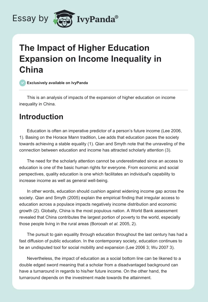 The Impact of Higher Education Expansion on Income Inequality in China. Page 1