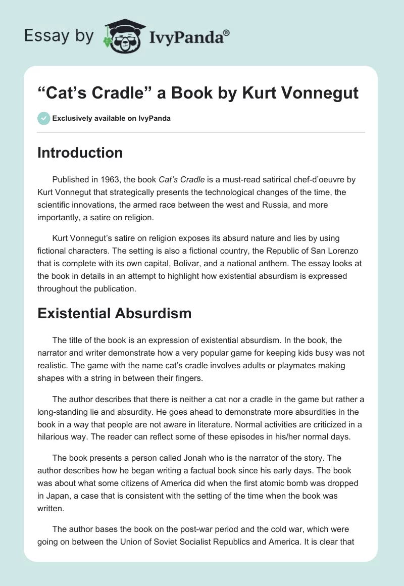 “Cat’s Cradle” a Book by Kurt Vonnegut . Page 1