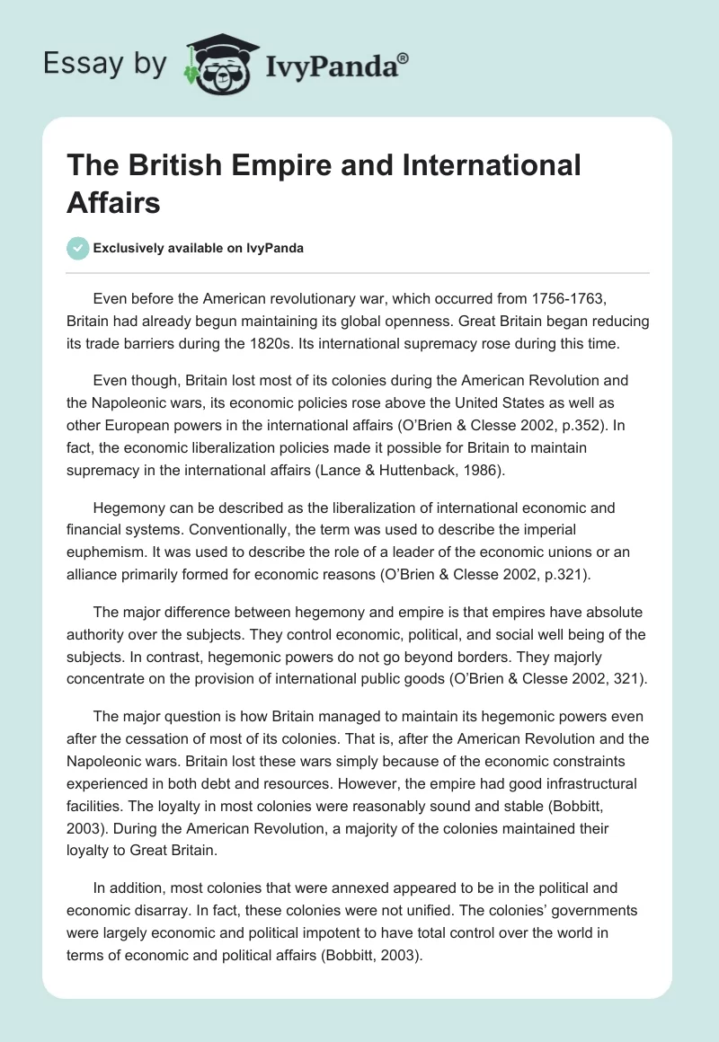 The British Empire and International Affairs. Page 1