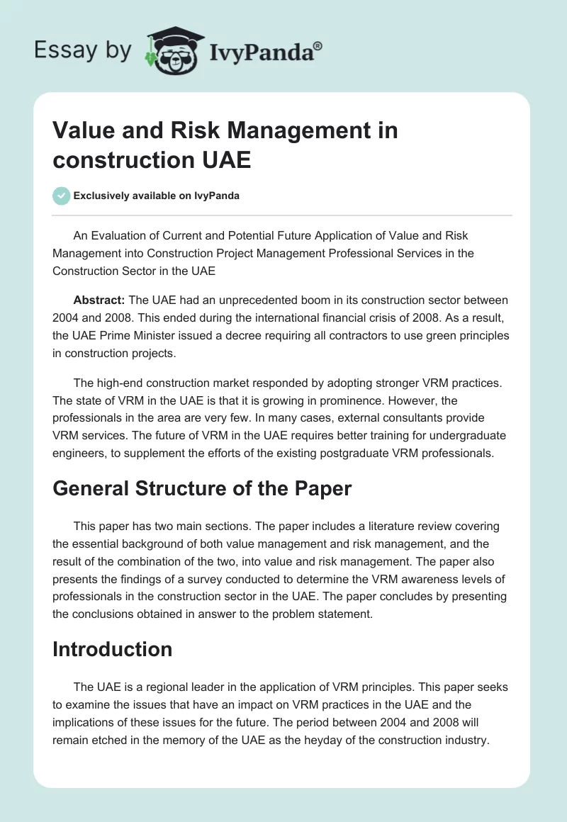Value and Risk Management in Construction UAE. Page 1