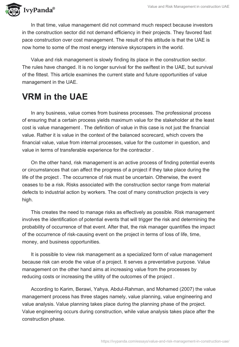 Value and Risk Management in Construction UAE. Page 2