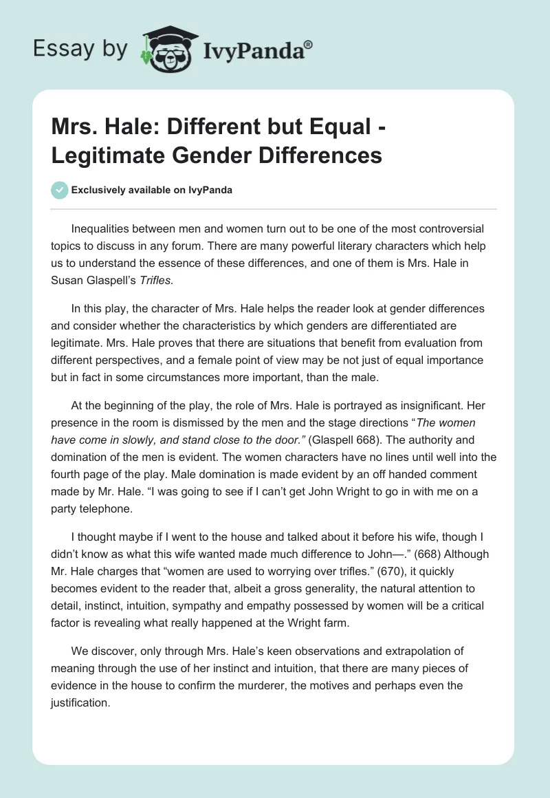 Mrs. Hale: Different but Equal - Legitimate Gender Differences. Page 1