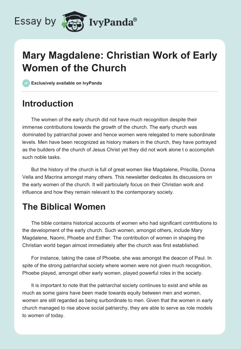 Mary Magdalene: Christian Work of Early Women of the Church. Page 1