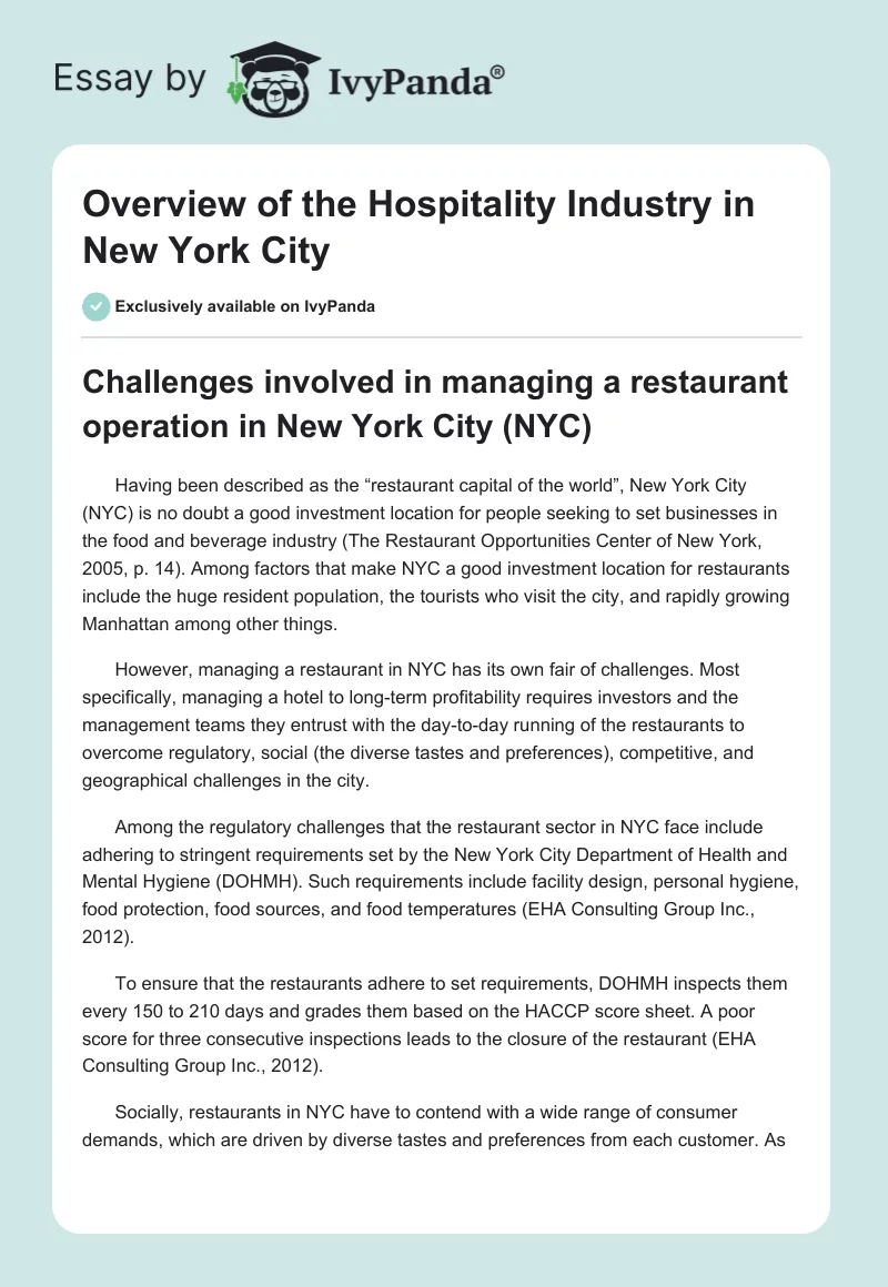 Overview of the Hospitality Industry in New York City. Page 1
