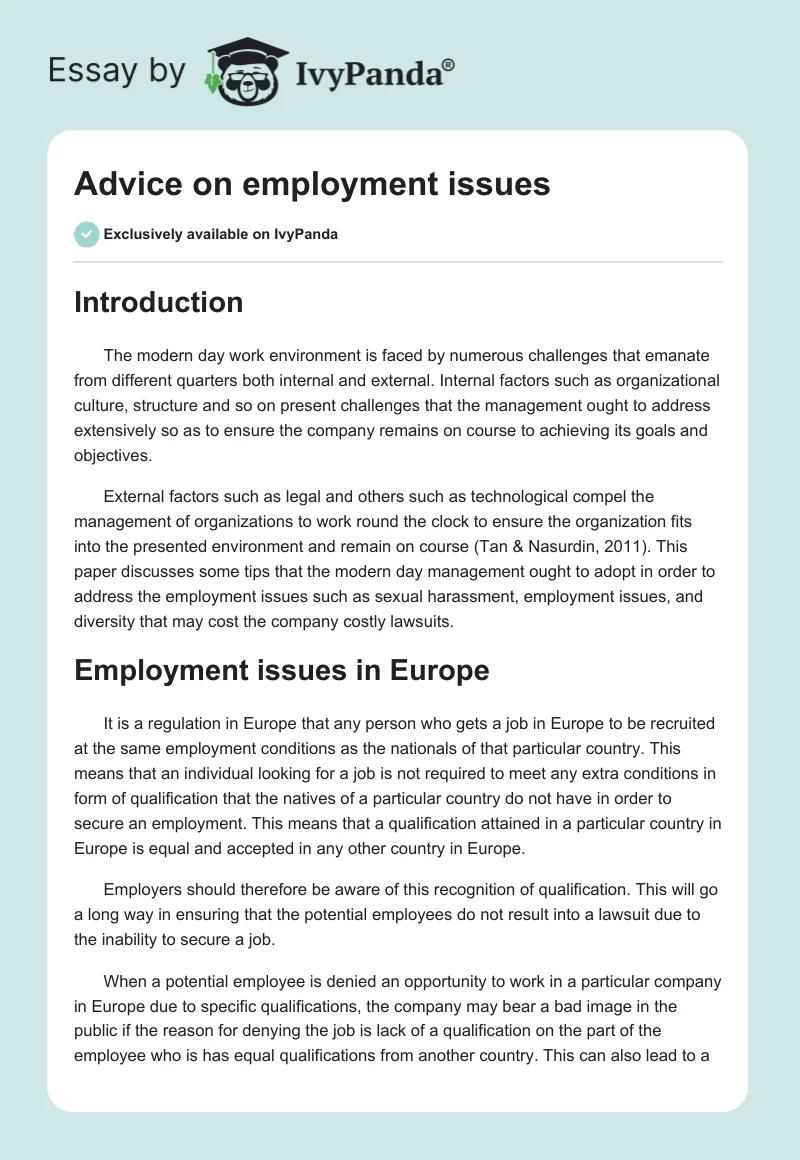 Advice on employment issues. Page 1