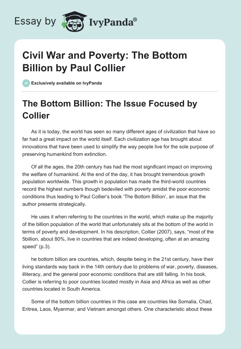 Civil War and Poverty: "The Bottom Billion" by Paul Collier. Page 1