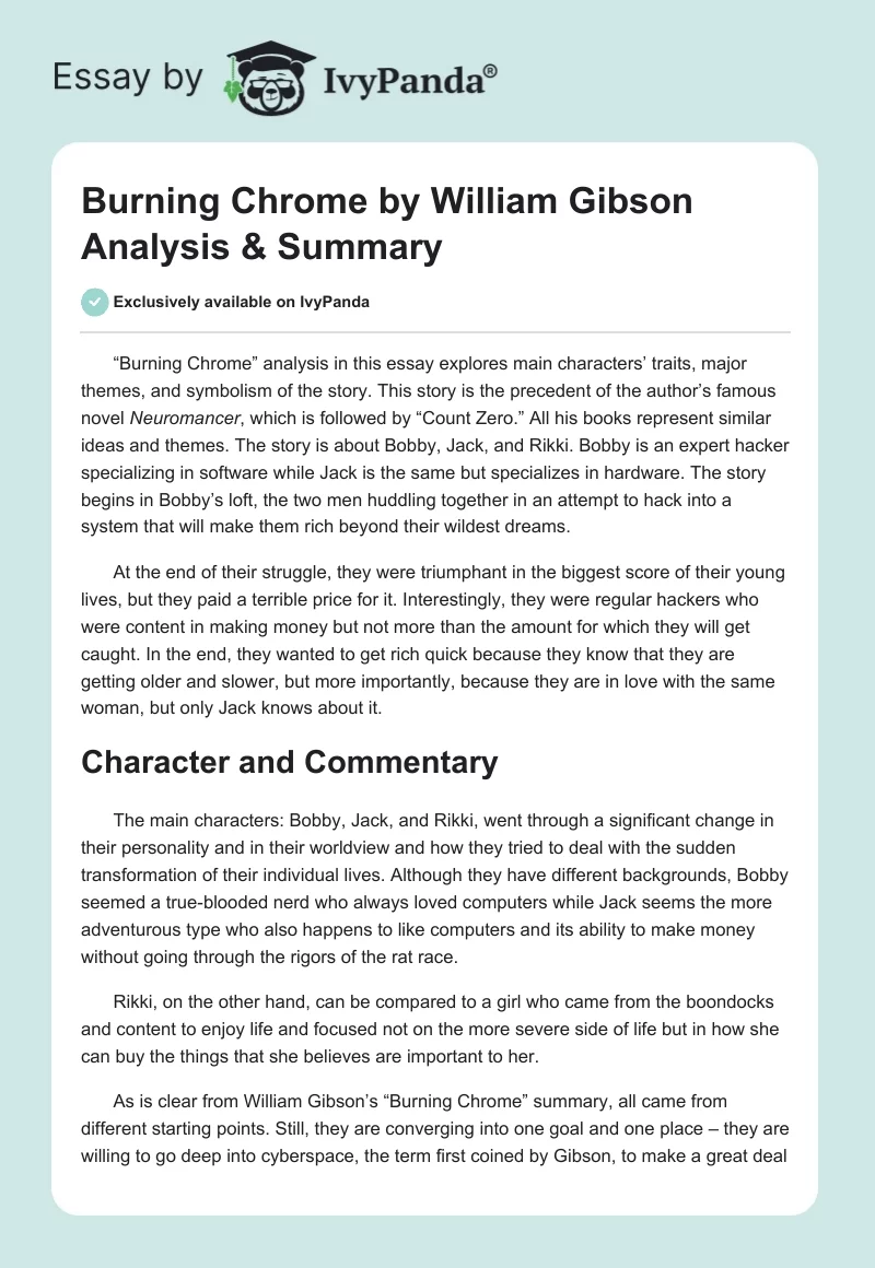 Burning Chrome by William Gibson Analysis & Summary. Page 1