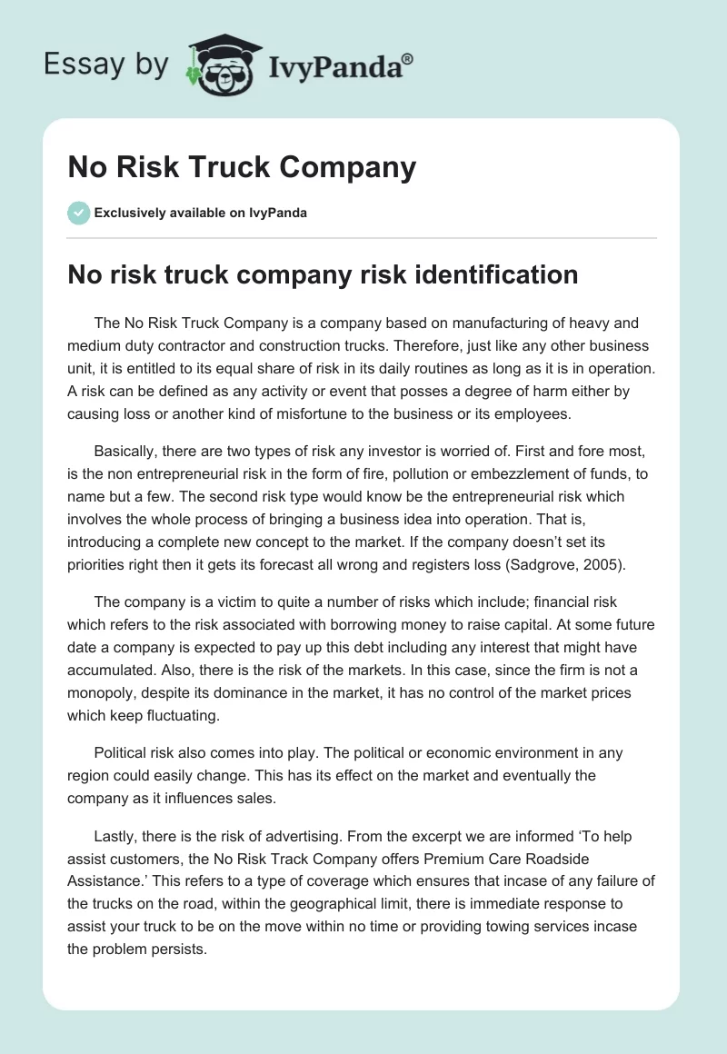 No Risk Truck Company. Page 1