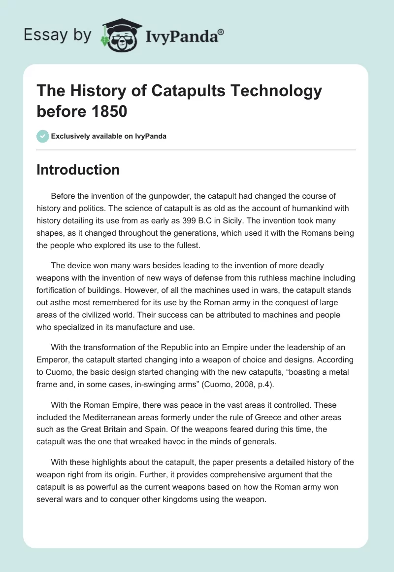 The History of Catapults Technology Before 1850. Page 1
