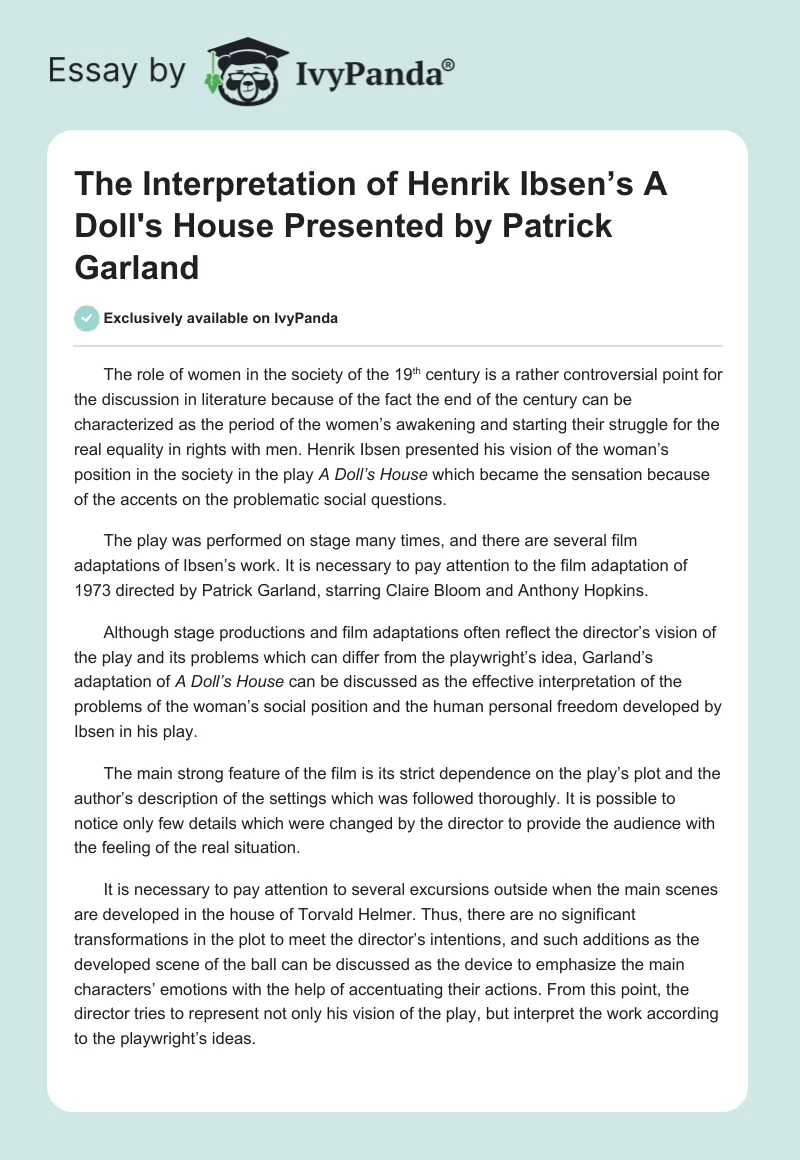 The Interpretation of Henrik Ibsen’s A Doll's House Presented by Patrick Garland. Page 1
