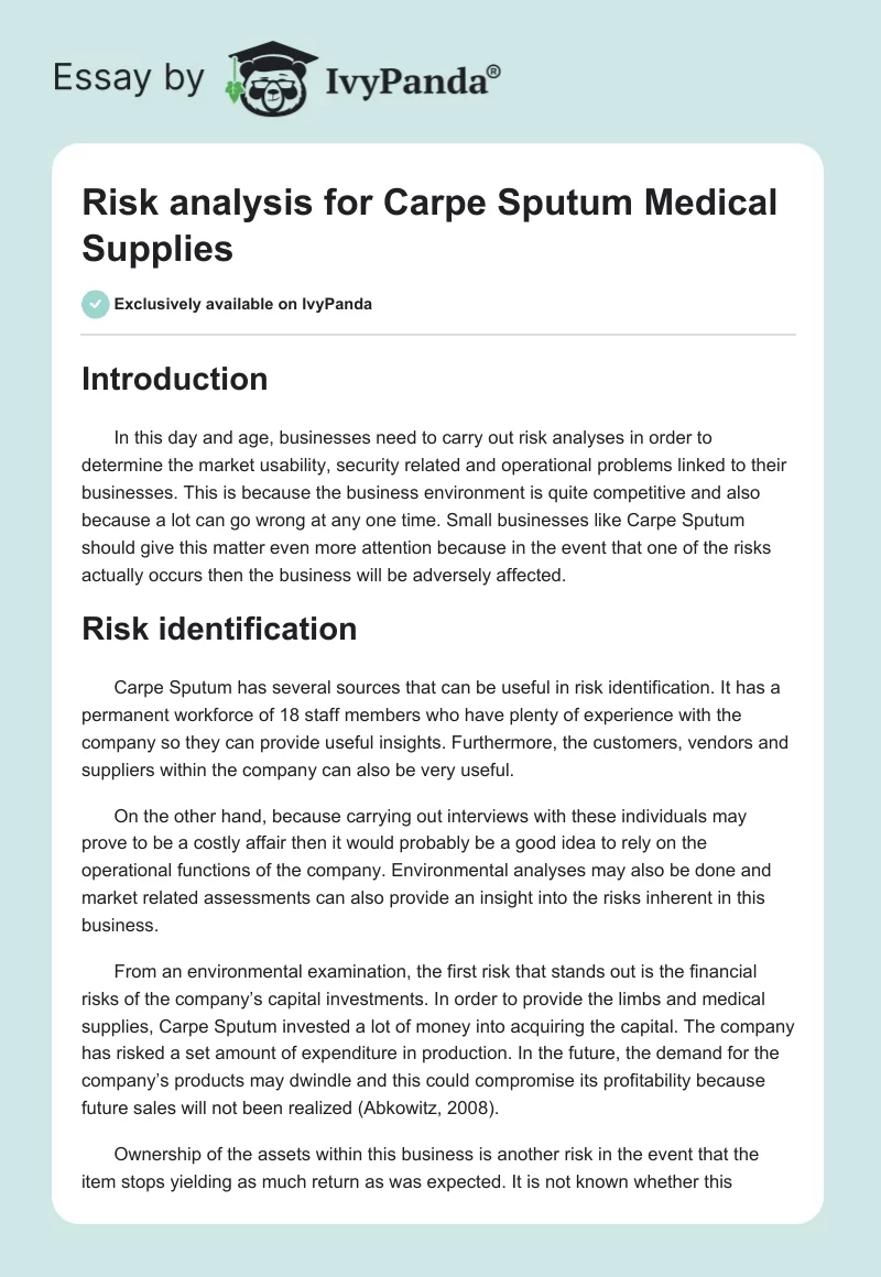Risk analysis for Carpe Sputum Medical Supplies. Page 1