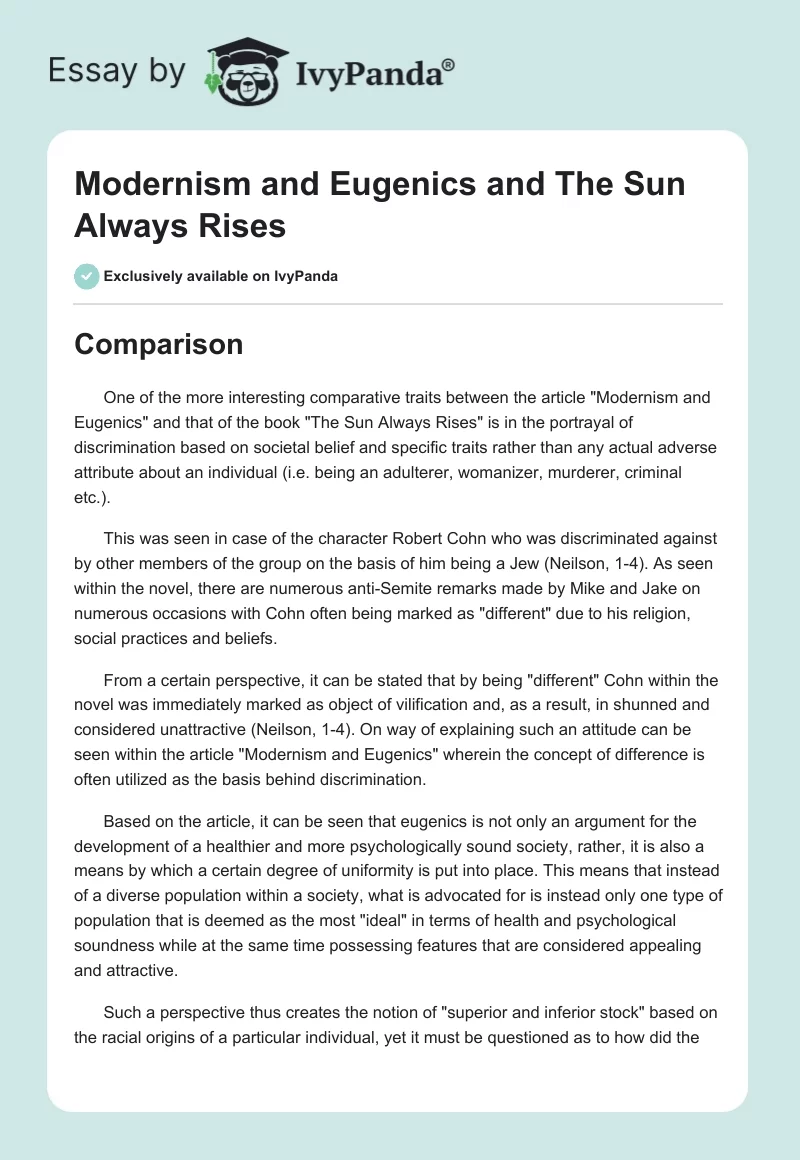 "Modernism and Eugenics" and "The Sun Always Rises". Page 1