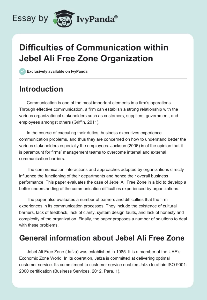 Difficulties of Communication Within Jebel Ali Free Zone Organization. Page 1