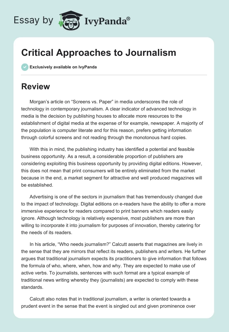 Critical Approaches to Journalism. Page 1