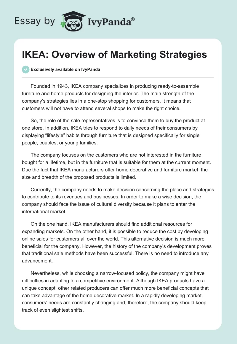 IKEA: Overview of Marketing Strategies. Page 1