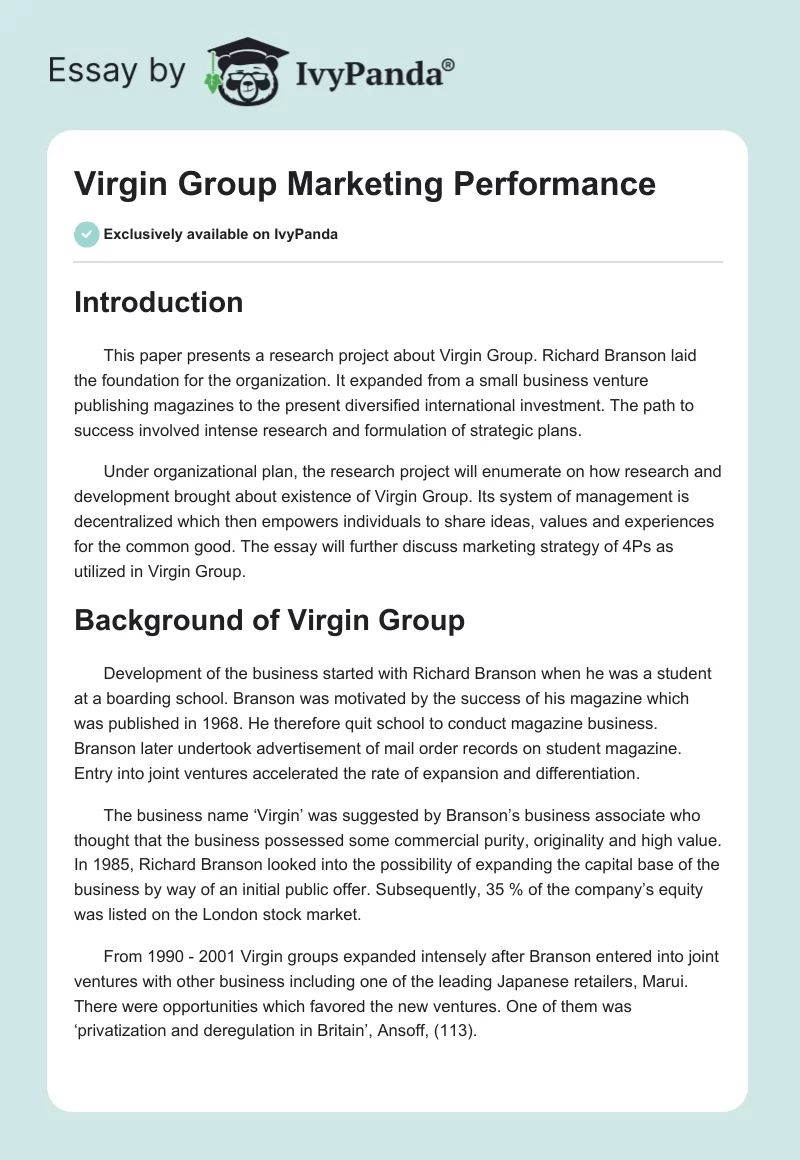 Virgin Group Marketing Performance. Page 1