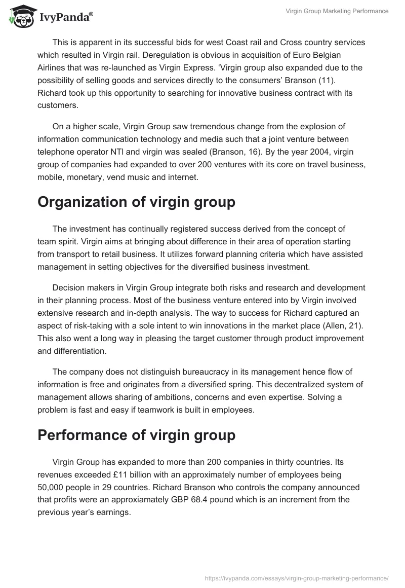 Virgin Group Marketing Performance. Page 2