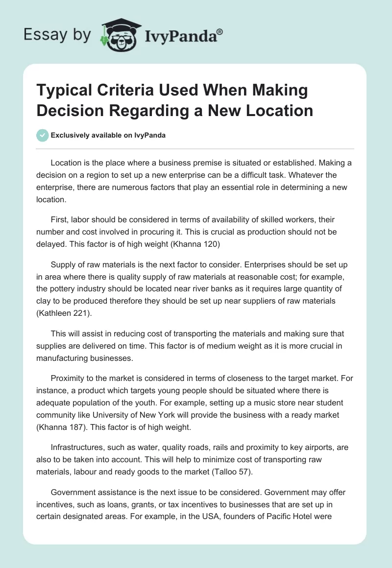 Typical Criteria Used When Making Decision Regarding a New Location. Page 1