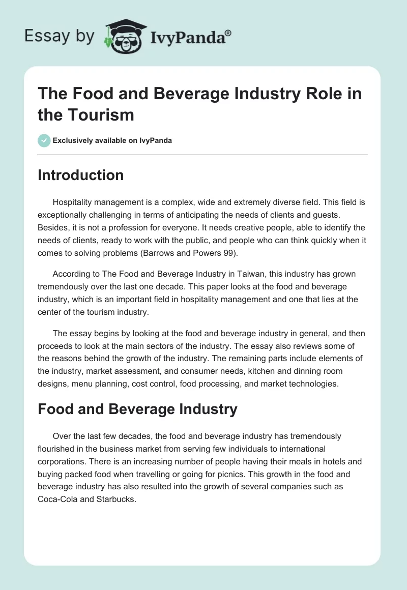 The Food and Beverage Industry Role in the Tourism. Page 1