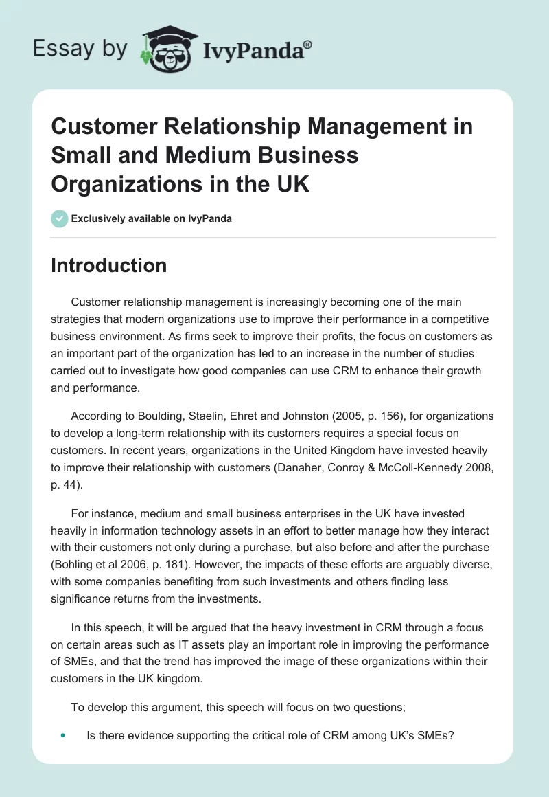 Customer Relationship Management in Small and Medium Business Organizations in the UK. Page 1