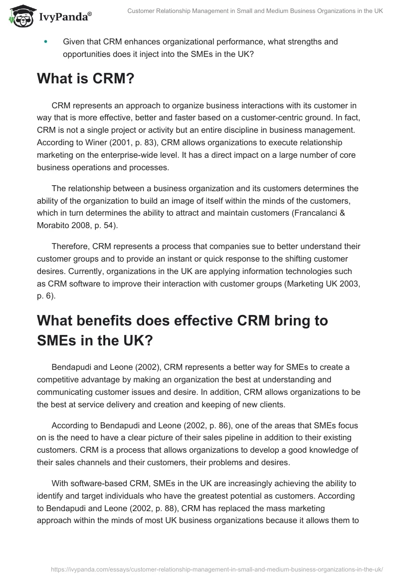 Customer Relationship Management in Small and Medium Business Organizations in the UK. Page 2