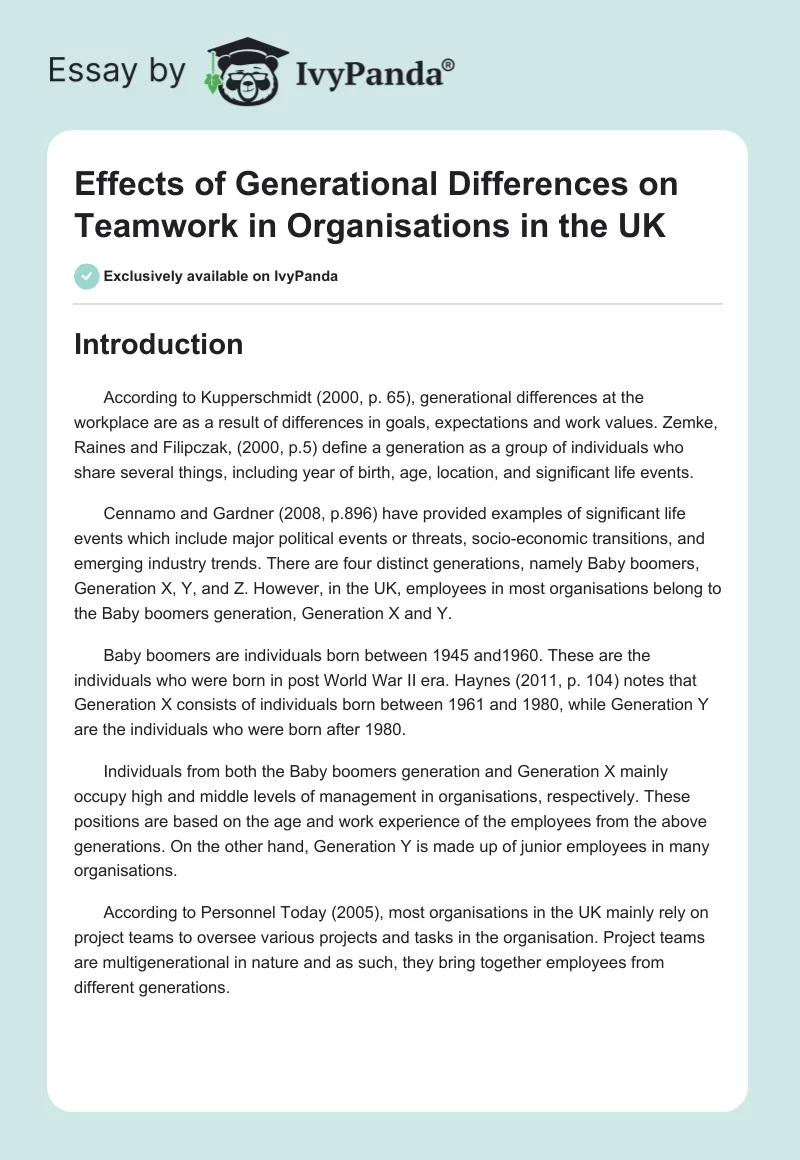 Effects of Generational Differences on Teamwork in Organisations in the UK. Page 1