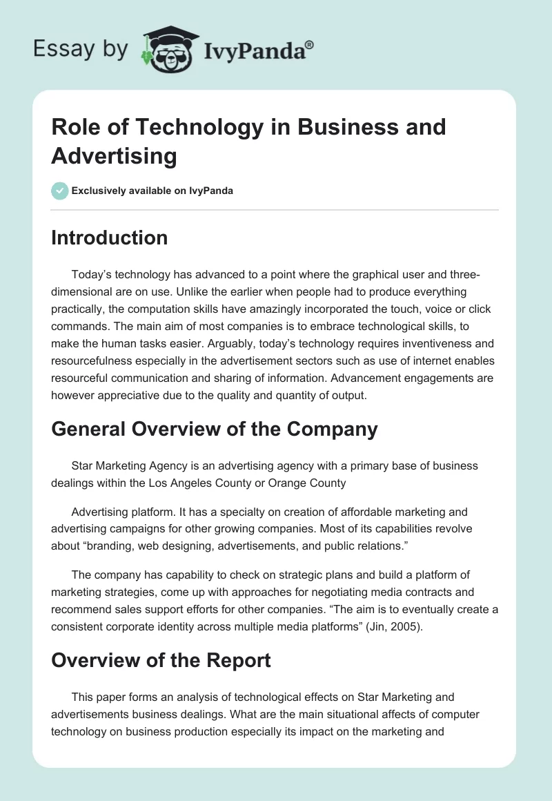 Role of Technology in Business and Advertising. Page 1