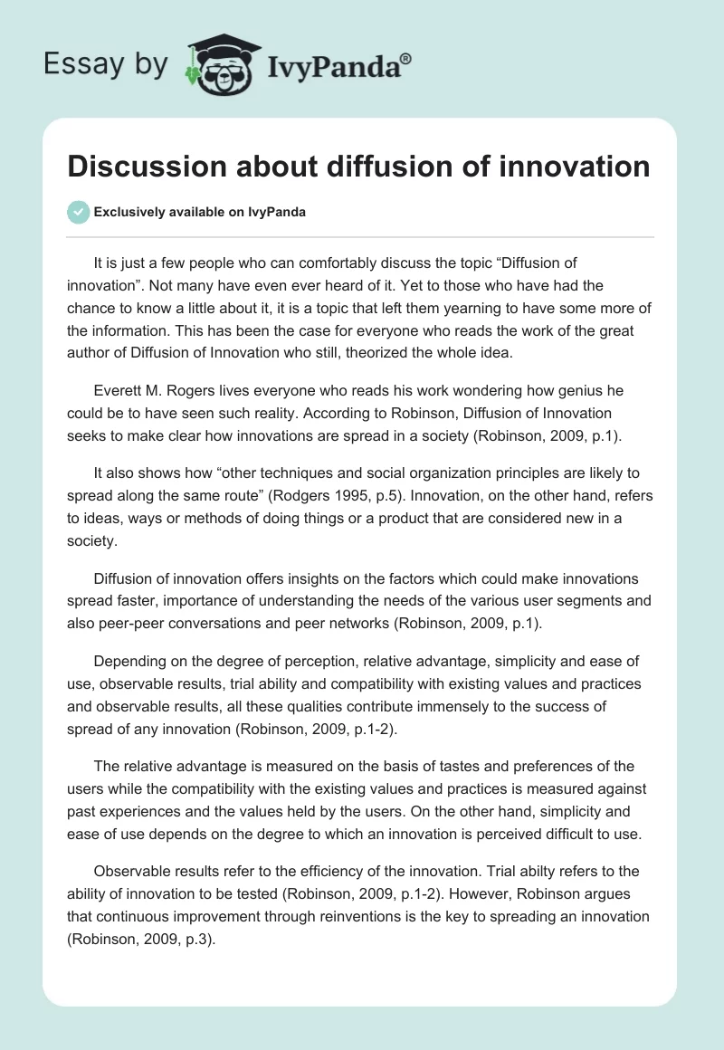 Discussion about diffusion of innovation. Page 1