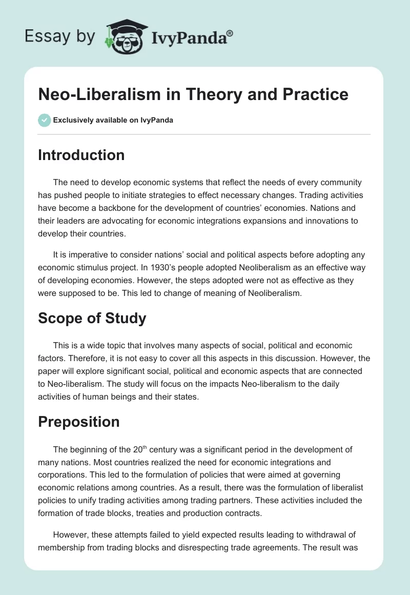 Neo-Liberalism in Theory and Practice. Page 1