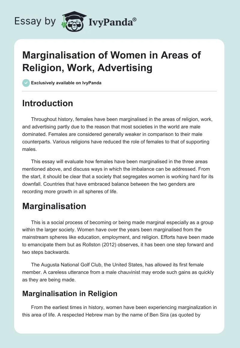 Marginalisation of Women in Areas of Religion, Work, Advertising. Page 1