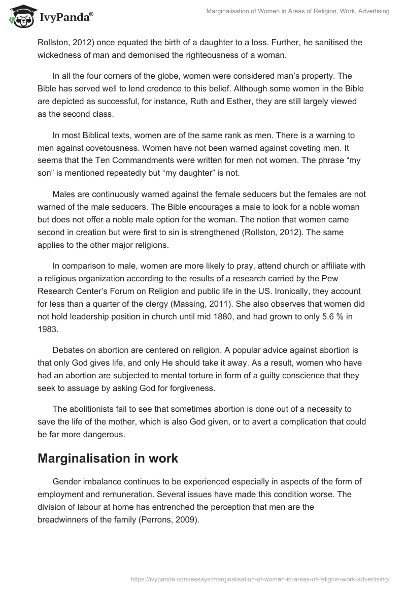 Marginalisation of Women in Areas of Religion, Work, Advertising. Page 2