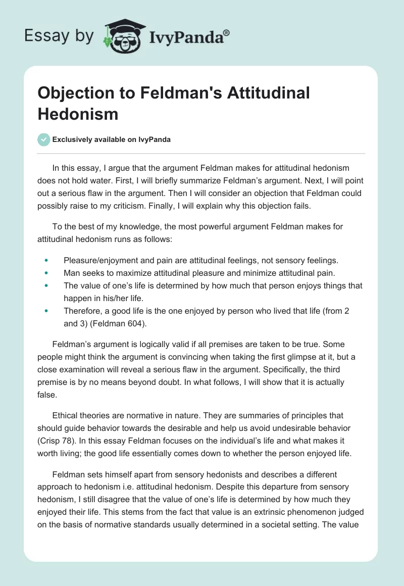 Objection to Feldman's Attitudinal Hedonism. Page 1