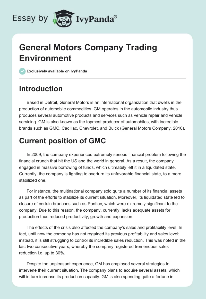 General Motors Company Trading Environment. Page 1