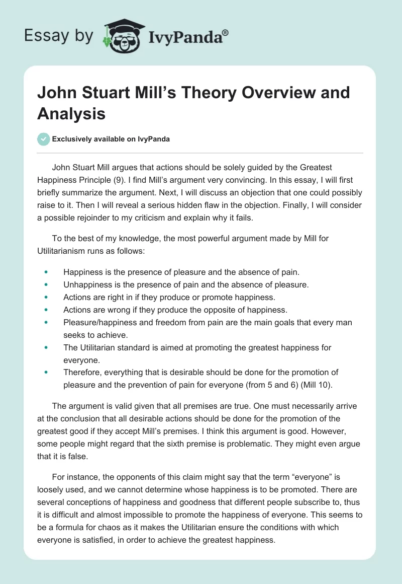 John Stuart Mill’s Theory Overview and Analysis. Page 1