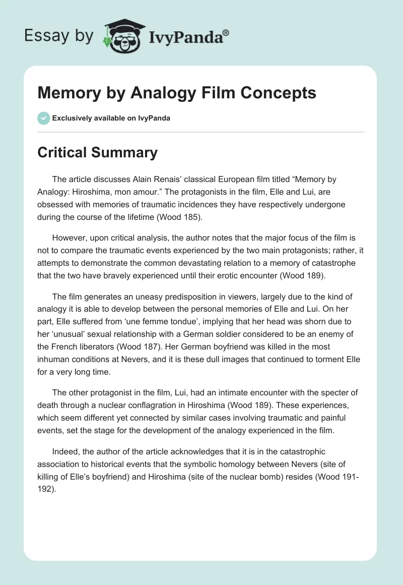 "Memory by Analogy" Film Concepts. Page 1