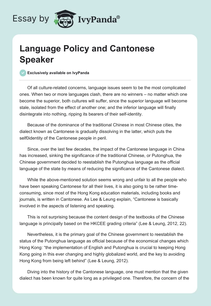 Language Policy and Cantonese Speaker. Page 1
