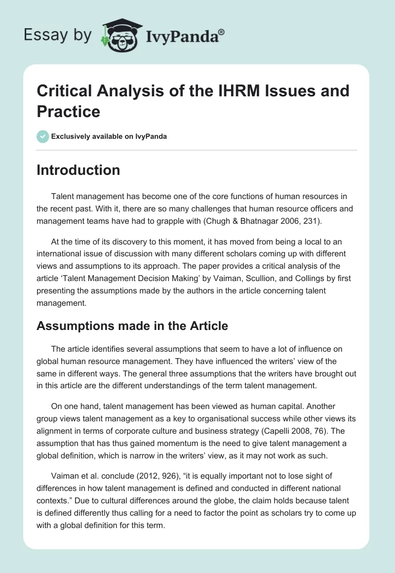Critical Analysis of the IHRM Issues and Practice. Page 1