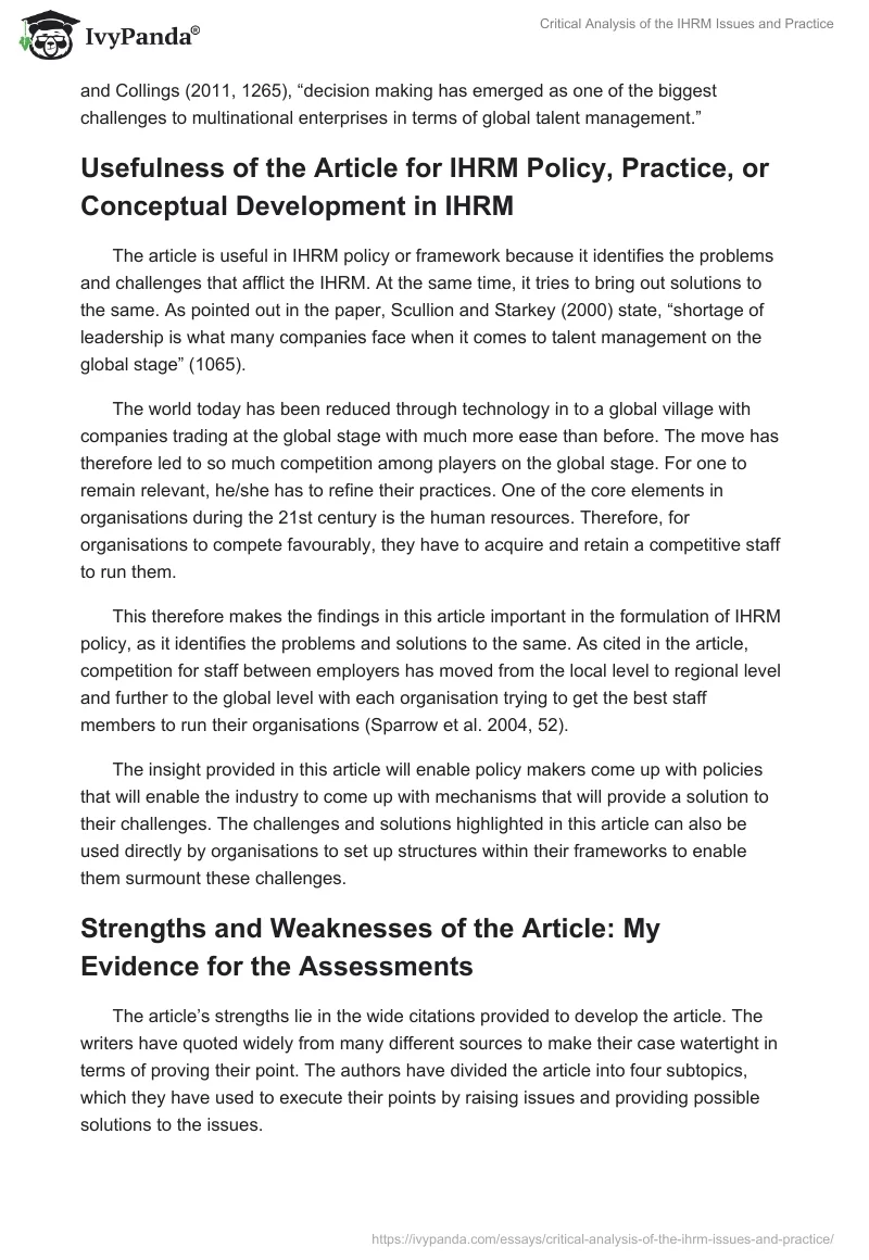 Critical Analysis of the IHRM Issues and Practice. Page 4