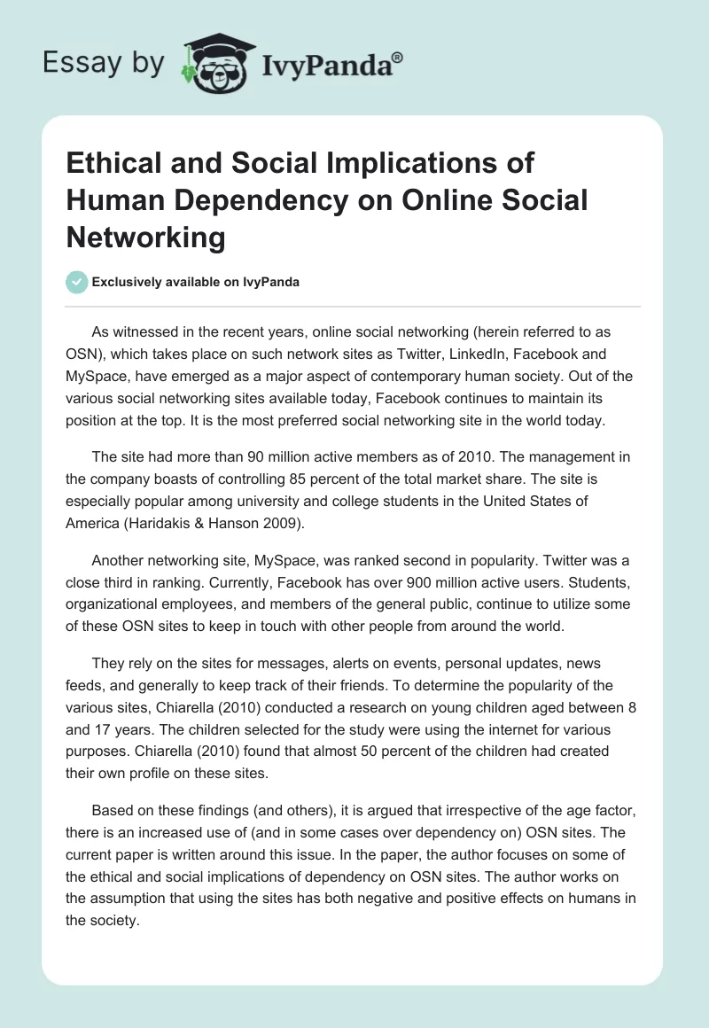 Ethical and Social Implications of Human Dependency on Online Social Networking. Page 1