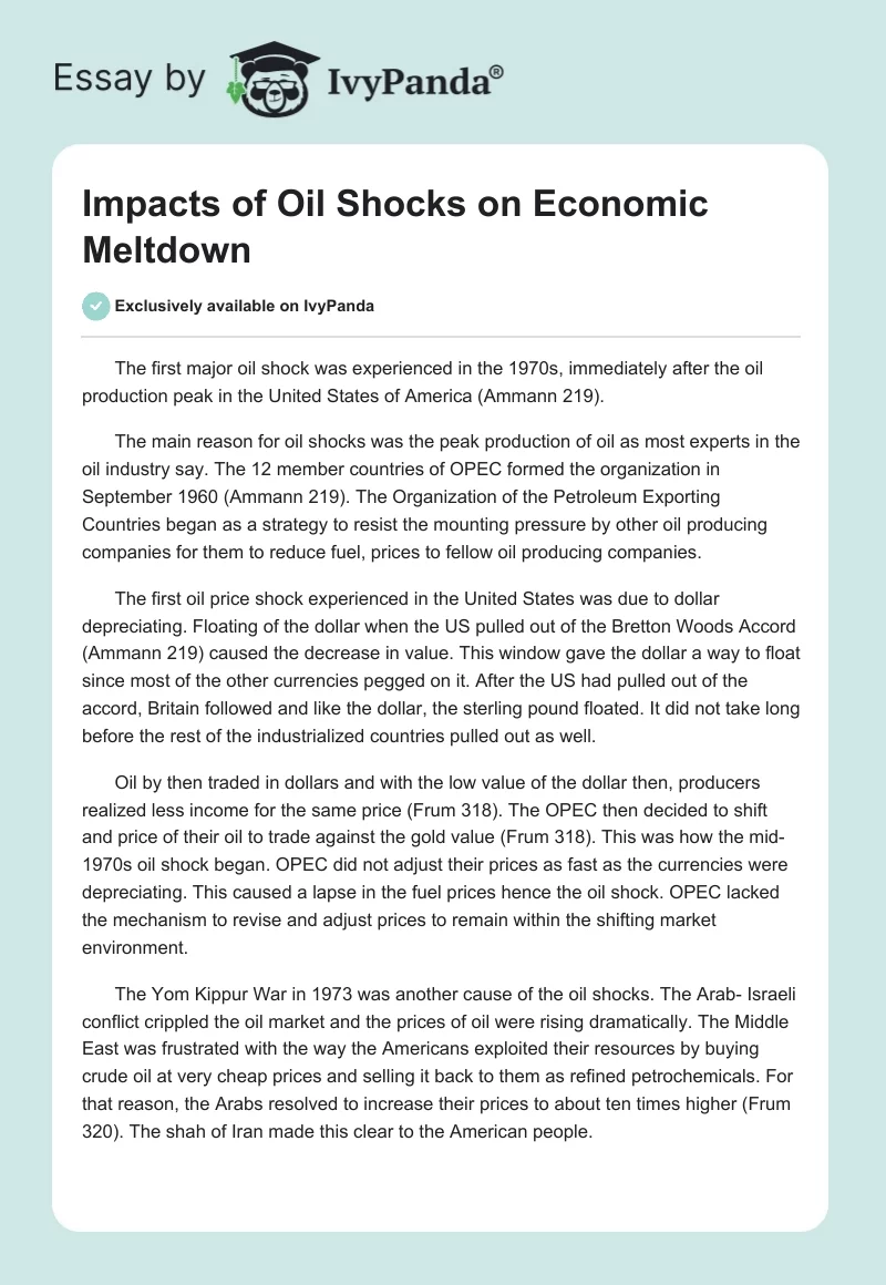 Impacts of Oil Shocks on Economic Meltdown. Page 1