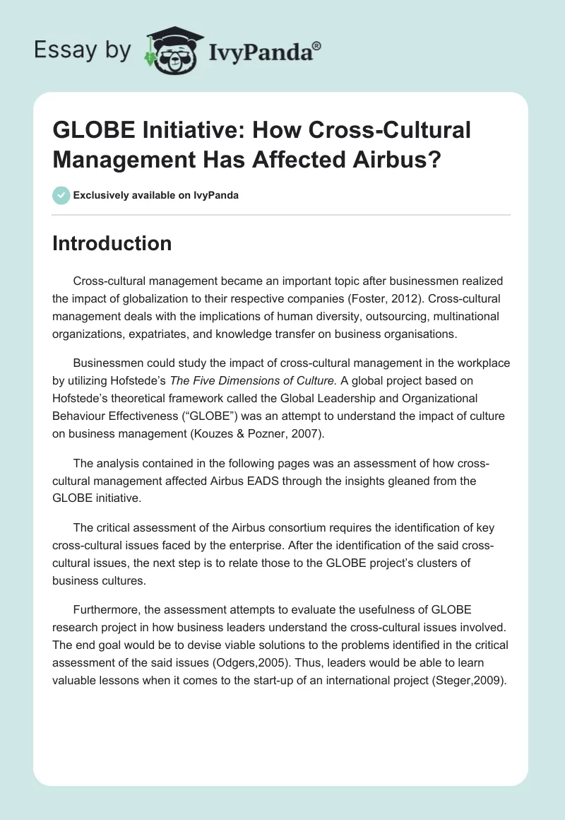 GLOBE Initiative: How Cross-Cultural Management Has Affected Airbus?. Page 1