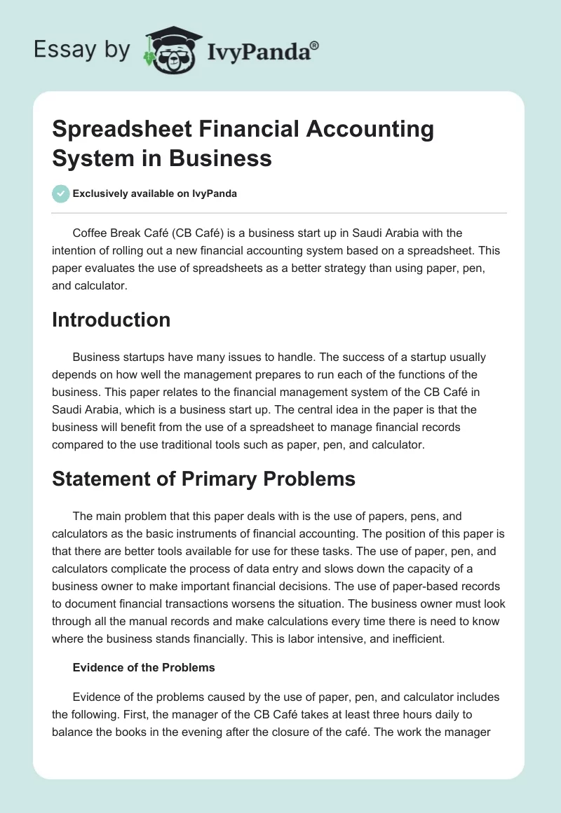 Spreadsheet Financial Accounting System in Business. Page 1