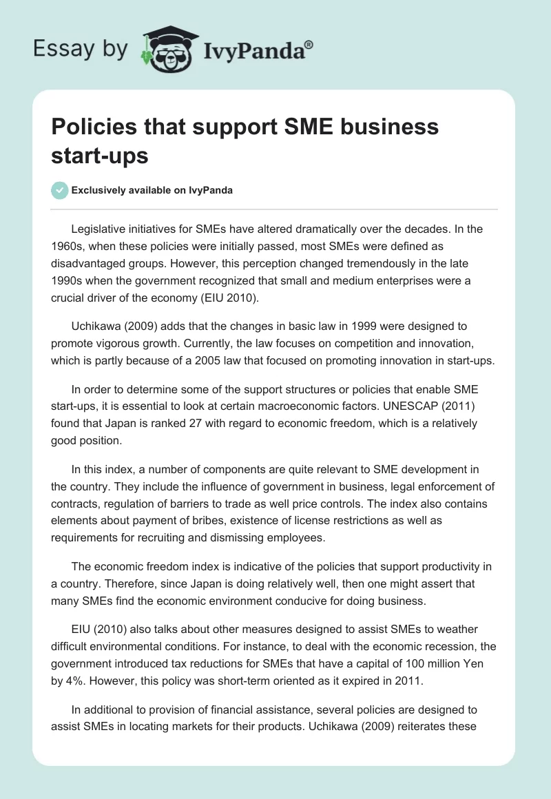 Policies that support SME business start-ups. Page 1