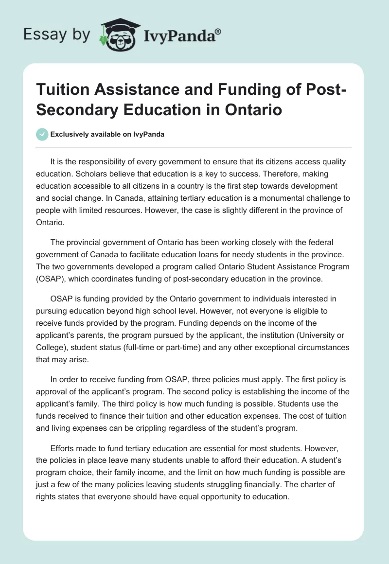 Tuition Assistance and Funding of Post-Secondary Education in Ontario. Page 1