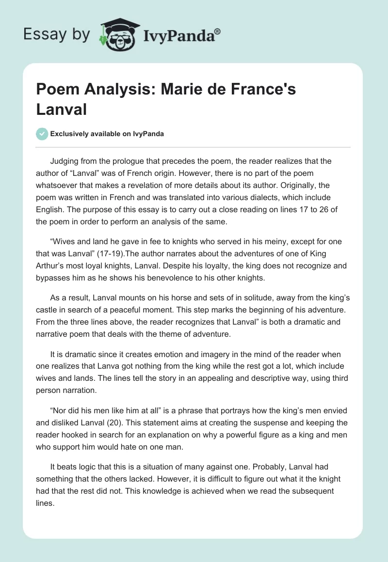 Poem Analysis: Marie de France's "Lanval". Page 1