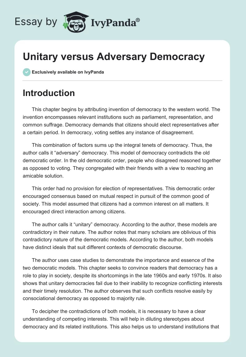 Unitary Versus Adversary Democracy. Page 1